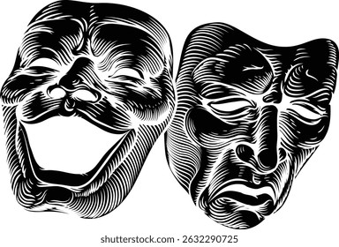 Teatro ou teatro drama comédia e tragédia máscaras em um vintage woodcut estilo gravura