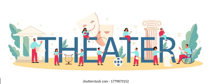 Theater typographic header concept. Children creative subject, school play. Kid studying acting performance on stage and drama art. Vector illustration in cartoon style