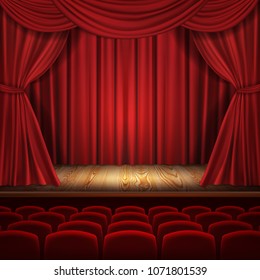 Theater vector concept, realistic luxurious red velvet curtains with theatre scarlet seats, classic scene background. Illustration for ceremony, opera, presentation, show, premiere