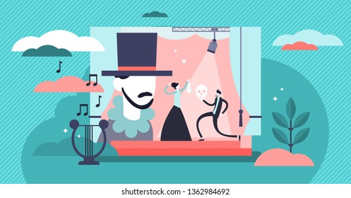 Theater vector illustration. Flat tiny stage performance persons concept. Opera, circus or musical entertainment show culture. Actor with costume in spotlight. Decorations and light cinematography art