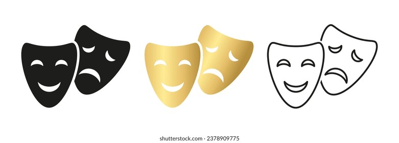 Theater vector masks on white background. Masquerade mask icons. Comic and tragic mask icons. Set of theatrical emotions icons. Face mask with sad and happy smile