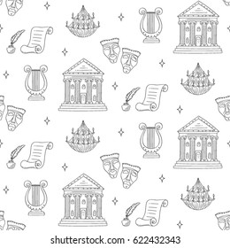 Theater vector seamless background with theater building, tragedy and comedy masks, chandelier and lyre, hand drawn, sketch style.