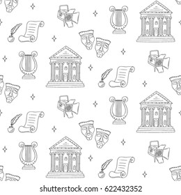 Theater vector seamless background with theater building, tragedy and comedy masks, spotlight and lyre, hand drawn, sketch style.