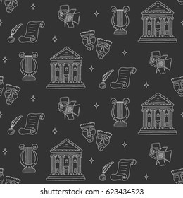Theater vector seamless black background with theater building, tragedy and comedy masks, spotlight and lyre, hand drawn, sketch style.