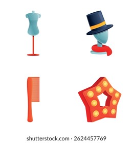 Ícones de guarda-roupa de teatro definir vetor de desenhos animados. Acessório e manequim com chapéu. Sala de vestir