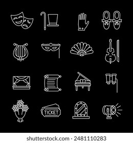 Theater, white line icons. Icons representing theater performances and stage elements. Ideal for cultural and entertainment themes. Symbols on black background. Editable stroke.