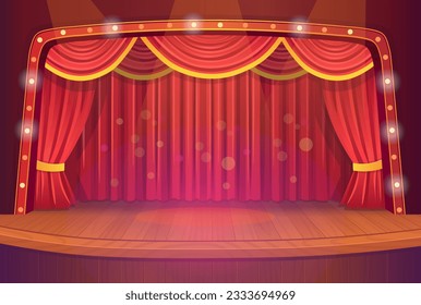 A theater wooden square stage with lights and a closed red curtain. Vector template illustration