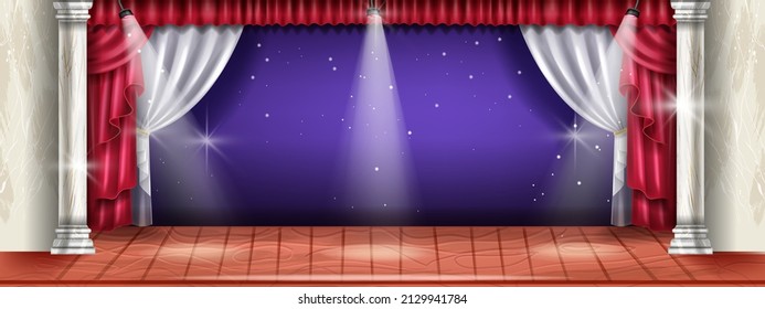 Theater wooden stage background, vector red curtain, white tulle, opera hall scene backdrop, lights. Marble column, cinema interior frame, event presentation illustration. Empty theater stage 