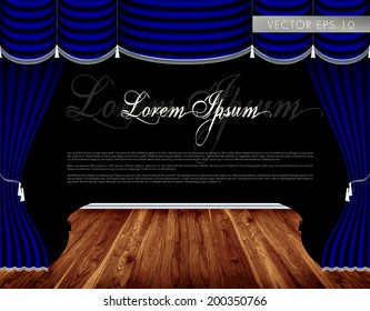 Theater wooden stage, luxury blue curtains with decorative silver tassels and rims - vector