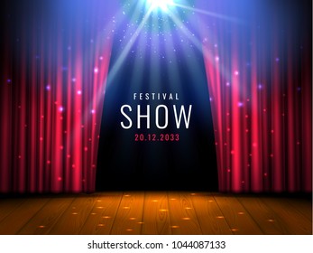 Theater wooden stage with red curtain and spotlight Vector festive template with lights and scene. Poster design for concert, theater, party, dance, event, show. Illumination and scenery decoration.