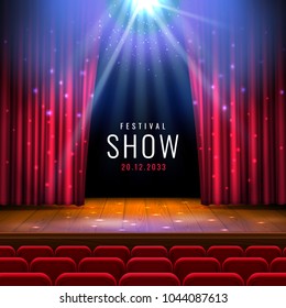 Theater wooden stage with red curtain, spotlight, seats.Vector festive template with lights and scene. Poster design for concert, theater, dance, event, show. Illumination and scenery decoration.