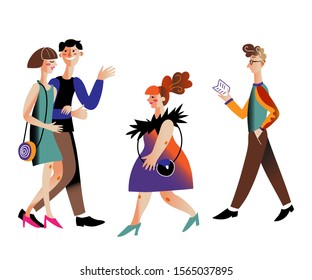 Theatergoers types flat vector characters set. Woman wearing elegant evening dress cartoon character. Romantic couple sharing impressions, chatting. Young man reading theatre programme