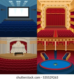 Theaters and music scene background vector. Entertainment theaters stage boards  and cinema screen illustration