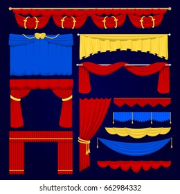 Theather scene red, blue and yellow blind curtain stage fabric texture isolated on a white background illustration