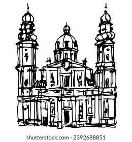 Die Theaterkirche St. Cajetan und Adelaide. Theatinerkirche St. Kajetan und Adelheid. Katholische Kirche in München, Deutschland. Handgezeichnete lineare Doodle grobe Skizze. Schwarz-Weiß-Silhouette.