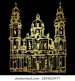 Die Theaterkirche St. Cajetan und Adelaide. Theatinerkirche St. Kajetan und Adelheid. Katholische Kirche in München, Deutschland. Handgezeichnete lineare Doodle grobe Skizze. Goldene glänzende Silhouette auf Schwarz 