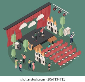 Theatre acting isometric composition with people rehearsing play on stage and in hall on green background 3d vector illustration