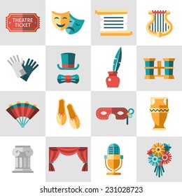 Theatre acting performance icons set with  ticket masks flat isolated vector illustration.