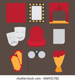 Theatre acting performance icons set with  ticket masks flat isolated vector illustration.