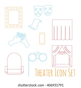 Theatre acting performance icons set with  ticket masks flat isolated vector illustration.