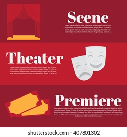 Theatre acting performance icons set with  ticket masks flat isolated vector illustration.