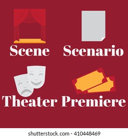 Theatre acting performance icons set with  ticket masks flat isolated vector illustration.