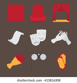 Theatre acting performance icons set with  ticket masks flat isolated vector illustration vector