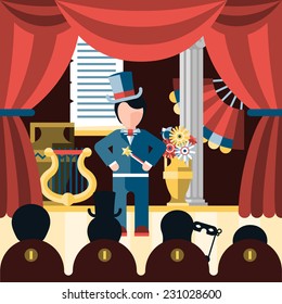 Theatre acting and theatrical play concept with actor and spectators vector illustration