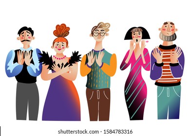 Theatre actors flat vector illustrations. Stage actors after premiere show cartoon characters. Theater troupe showing different emotions isolated on white background. Theatrical performes in costumes