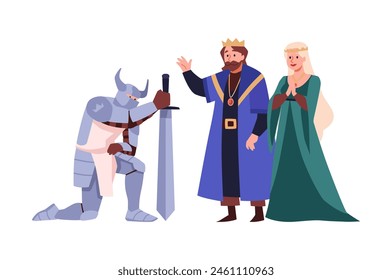 Theatre actors playing knight in armor with a sword on his knees in front of king and queen vector flat illustration. Theater performance medieval kingdom isolated on white background