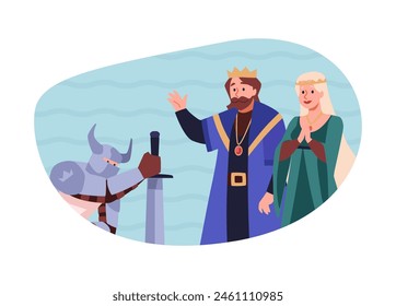 Theatre actors playing knight in armor with a sword on his knees in front of king and queen vector flat illustration. Theater performance medieval kingdom isolated in decorative frame