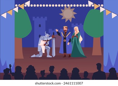 Theatre actors playing knight in armor with a sword on knees in front of king and queen on scene vector flat illustration. Theater medieval kingdom performance with castle scenery and spectators