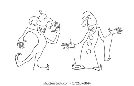 Theatre actors in roles. Harlequin, Pierrot on stage in a theatrical masks of tragedy & comedy. Vector illustration with black contour lines isolated on a white background in cartoon, hand drawn style