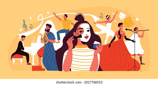 Theatre actress applying theatrical makeup musicians dancers and singers on yellow background flat vector illustration