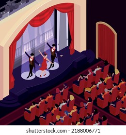 Theatre background with musical performance symbols isometric vector illustration