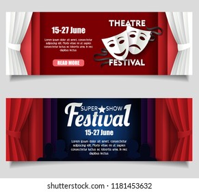 Theatre banner set. Vector retro paper cut date announcement Theatre festival and Super show festival web templates. Modern origami theater scene decorations, tragedy and comedy masks, copy space.