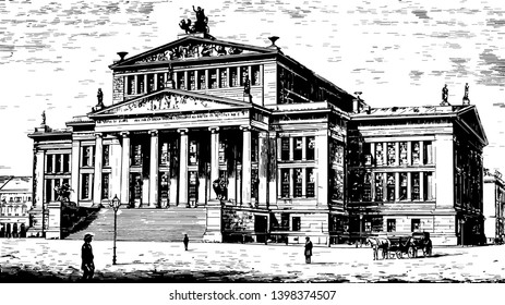 Theatre at Berlin is noteworthy for its magnificent façade it is delicacy and elegance in details vintage line drawing or engraving illustration.