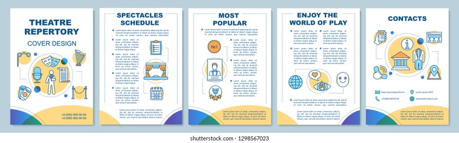 Theatre brochure template layout. Concert event. Spectacle repertory. Flyer, booklet print design with linear illustrations. Vector page layouts for magazines, annual reports, advertising posters