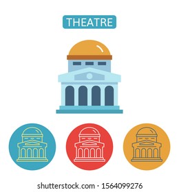 Theatre building flat icons. Editable stroke playhouse sign for website application. Urban infrastructure. Architecture and city institution vector illustration isolated on white background.