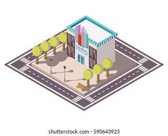 Theatre building isometric composition with road bench and trees vector illustration