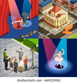 Theatre buildings and actors performing at stage and outdoors 2x2 isometric icons set 3d isolated vector illustration