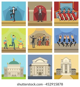 Theatre Buildings And Stage Perfomances Icons