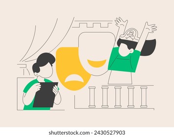 Theatre camp abstract concept vector illustration. Theatre training for kids, summer vacation camp, holiday acting program, young actor course, children drama school performance abstract metaphor.