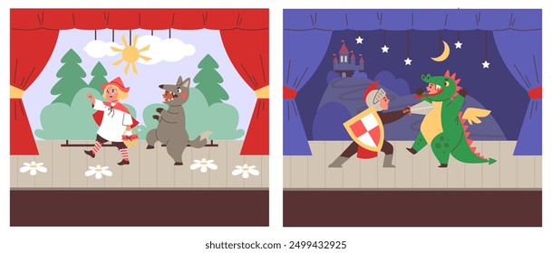 Theatre children in costumes on scene of theater vector illustrations set. Kids actors performing Red Hood fairy tale and knight and dragon. Cartoon theatre stage with curtains and decorations