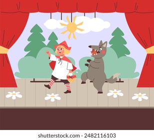 Theaterkinder, Kinderschauspieler, die Red Hood Märchen in Kostümen spielen. Wolf und Red Hood Mädchen geht in den Wald auf der Bühne des Theaters mit roten Vorhängen. Zeichentrick-Vektorillustration Unterhaltung