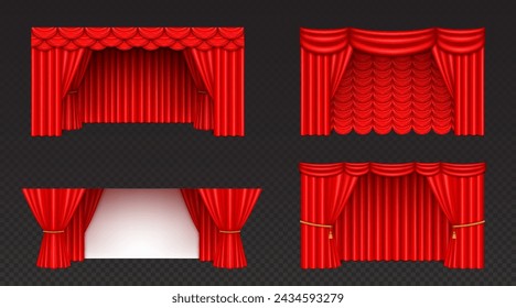 Theatre or cinema stage red curtain with folds. Realistic vector illustration set of close and open opera stage cloth drape for presentation and show concept. Theatrical fabric drapery with creases.