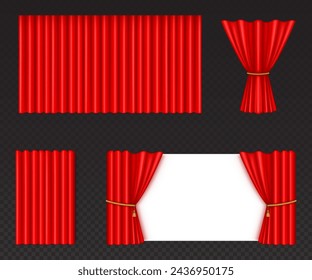 Theatre or cinema stage red curtain with folds. Realistic vector illustration set of close and open opera stage cloth drape for presentation and show concept. Theatrical fabric drapery with creases.