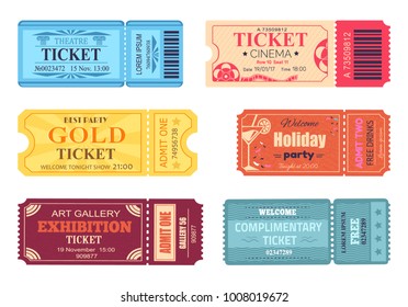 Theatre cinema ticket best party gold welcome holiday art gallery complimentary free coupon with control code vector illustration set of papers