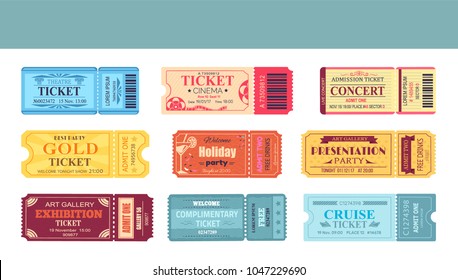 Theatre and cinema tickets, welcome party holiday, presentation and exhibition, concert and cruise, set vector illustration isolated on white