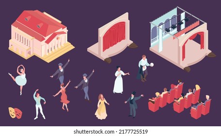 Theatre color set with performance symbols isometric isolated vector illustration